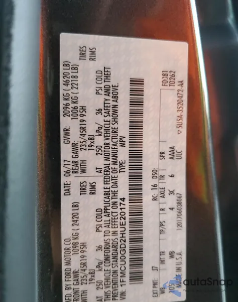 2017 Ford Escape Se из США, поврежденный, VIN 1FMCU0GD2HUE20174